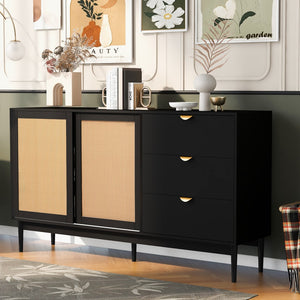 English Elm Featured Two-Door Storage Cabinet With Three Drawers and Metal Handles , Suitable For Corridors, Entrances, Living Rooms, and Study