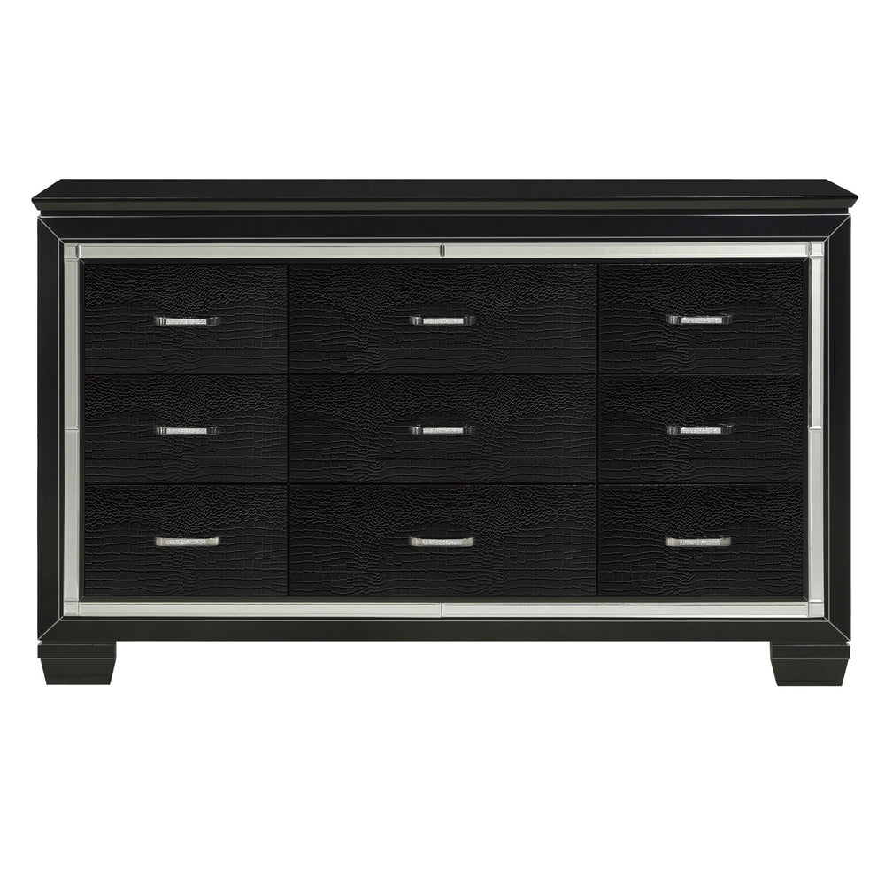 English Elm Black Allura Dresser 9-Drawer Glamorous Faux-Alligator Embossed Fronts Crystal Hardware, 64" wide B011134407