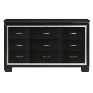 English Elm Black Allura Dresser 9-Drawer Glamorous Faux-Alligator Embossed Fronts Crystal Hardware, 64" wide B011134407