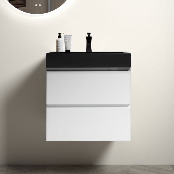 English Elm Alice 24" White Wall-Mounted Bathroom Vanity With Black Sink, Spacious Storage, Soft-Close Drawers W1865S00022