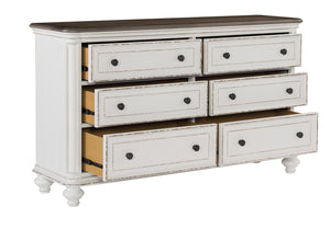 English Elm Antique Baylesford 6-Drawer Dresser in White with Brown-Gray Plank Top and Dark Metal Knobs, 64" B011134413