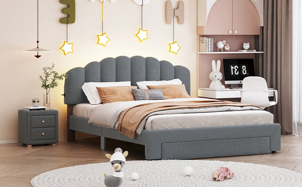 English Elm Teddy Plush Upholstered Queen Platform Bed with LED Remote & USB Ports, Durable Teddy Fleece Design Gray SF000047AAE