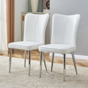 English Elm Modern Minimalist Dining Chairs, Office Chairs. 2-Piece Set Of White Pu Seats With Silver Metal Legs. Suitable For Restaurants, Living Rooms, and Offices. C-008