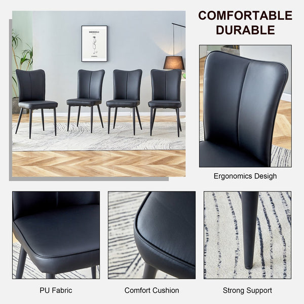 English Elm Modern Minimalist Dining Chairs Set Of 4 - Sleek Black Pu Leather With Curved Backrest & Metal Legs W1151116744
