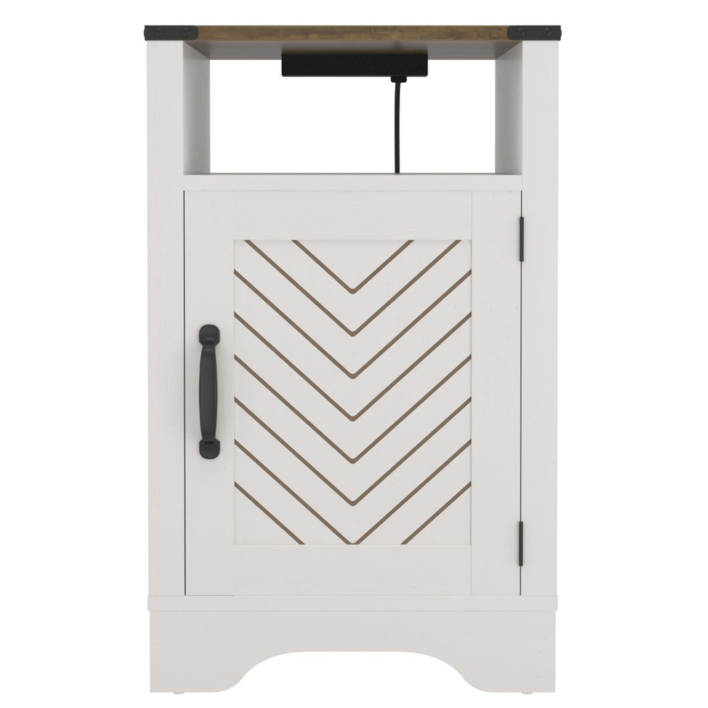 English Elm Farmhouse Rustic Nightstand Set of 2 with Built-in Charging Station and Open Display Shelf White+Oak B082134942