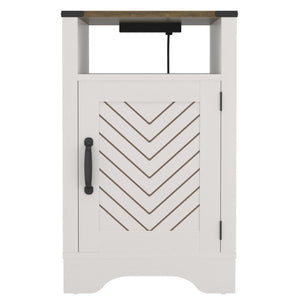 English Elm Farmhouse Rustic Nightstand Set of 2 with Built-in Charging Station and Open Display Shelf White+Oak B082134942