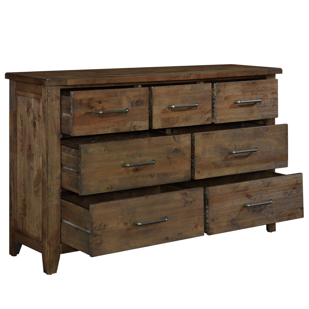 English Elm Classic Burnished Brown Dresser - Solid Rubberwood 7-Drawer Rustic Transitional Bedroom Storage, 62" wide B011134412
