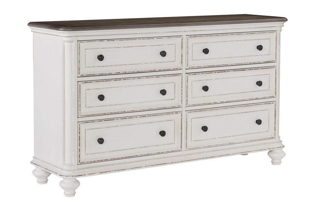 English Elm Antique Baylesford 6-Drawer Dresser in White with Brown-Gray Plank Top and Dark Metal Knobs, 64" B011134413