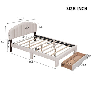 English Elm Teddy Fleece Queen Platform Bed with Led Lighting Usb Ports and Storage Drawer WF309187AAA