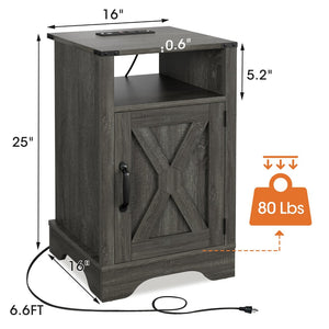 English Elm Farmhouse Rustic Nightstand Set of 2 with Built-in Charging Station and Open Display Shelf Dark Grey B082134936
