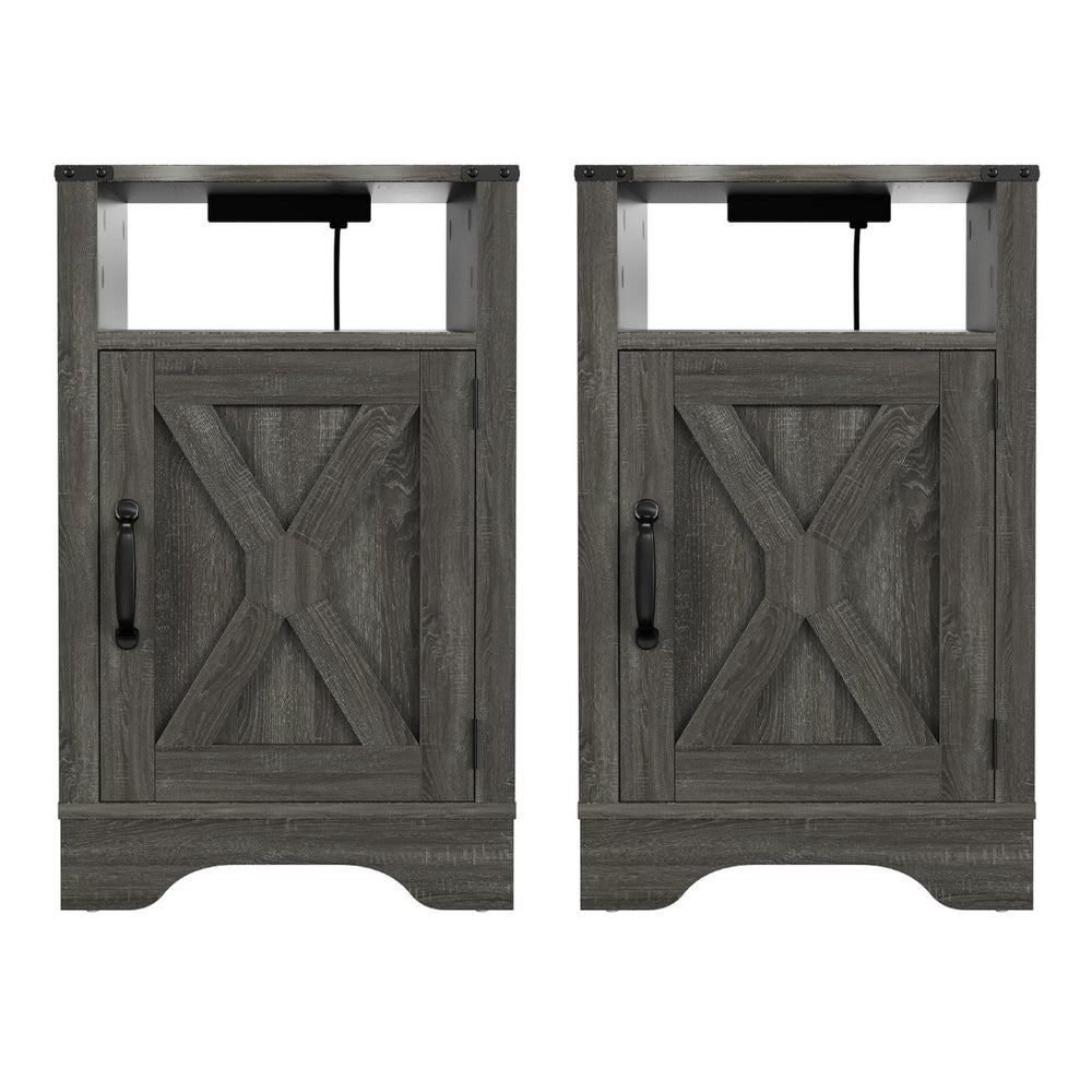 English Elm Farmhouse Rustic Nightstand Set of 2 with Built-in Charging Station and Open Display Shelf Dark Grey B082134937