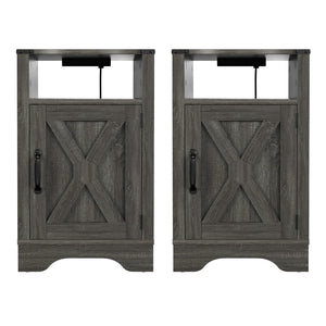 English Elm Farmhouse Rustic Nightstand Set of 2 with Built-in Charging Station and Open Display Shelf Dark Grey B082134937