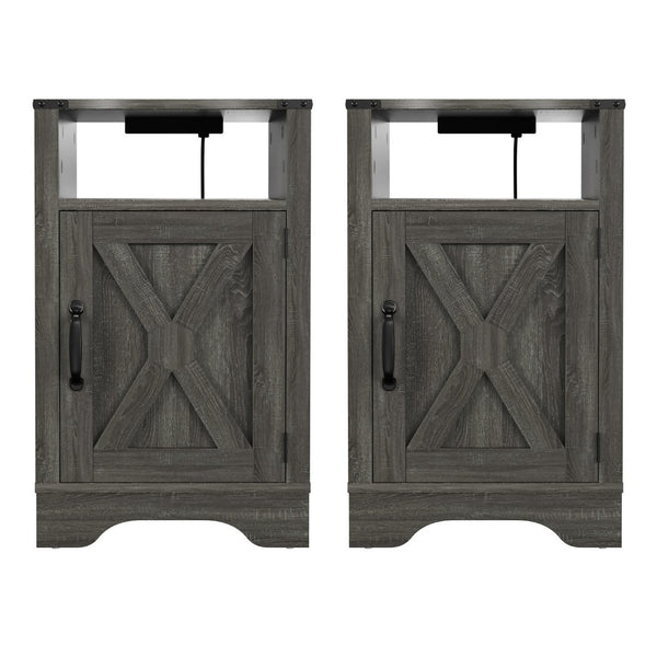 English Elm Farmhouse Rustic Nightstand Set of 2 with Built-in Charging Station and Open Display Shelf Dark Grey B082134937