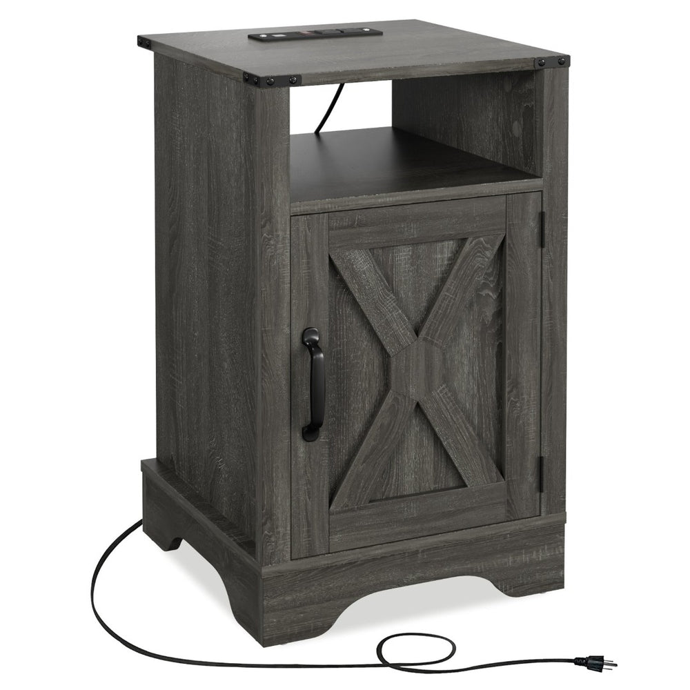 English Elm Farmhouse Rustic Nightstand Set of 2 with Built-in Charging Station and Open Display Shelf Dark Grey B082134936