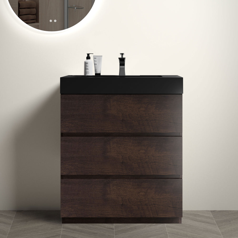 English Elm Alice 30" Walnut Bathroom Vanity With Soft-Close Drawers, Modern Black Sink, & Ample Storage Solutions W1865S00011