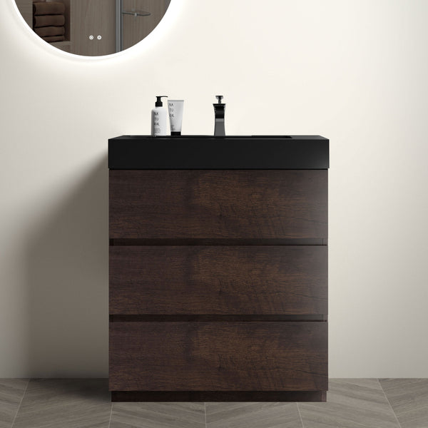 English Elm Alice 30" Walnut Bathroom Vanity With Soft-Close Drawers, Modern Black Sink, & Ample Storage Solutions W1865S00011