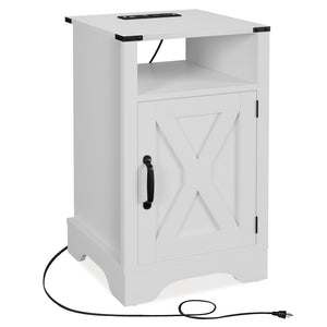 English Elm Farmhouse Rustic Nightstand Set of 2 with Built-in Charging Station and Open Display Shelf White B082134940
