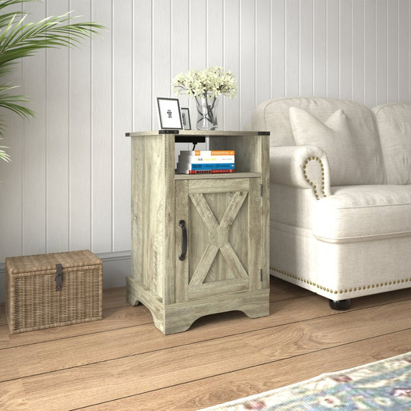 English Elm Farmhouse Rustic Nightstand Set of 2 with Built-in Charging Station and Open Display Shelf Light Grey B082134938