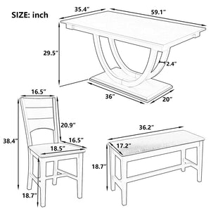 English Elm Topmax Six Piece Rubberwood Dining Set with Bench Linen Seats Sculptural Modern Style Gray N717S000029E