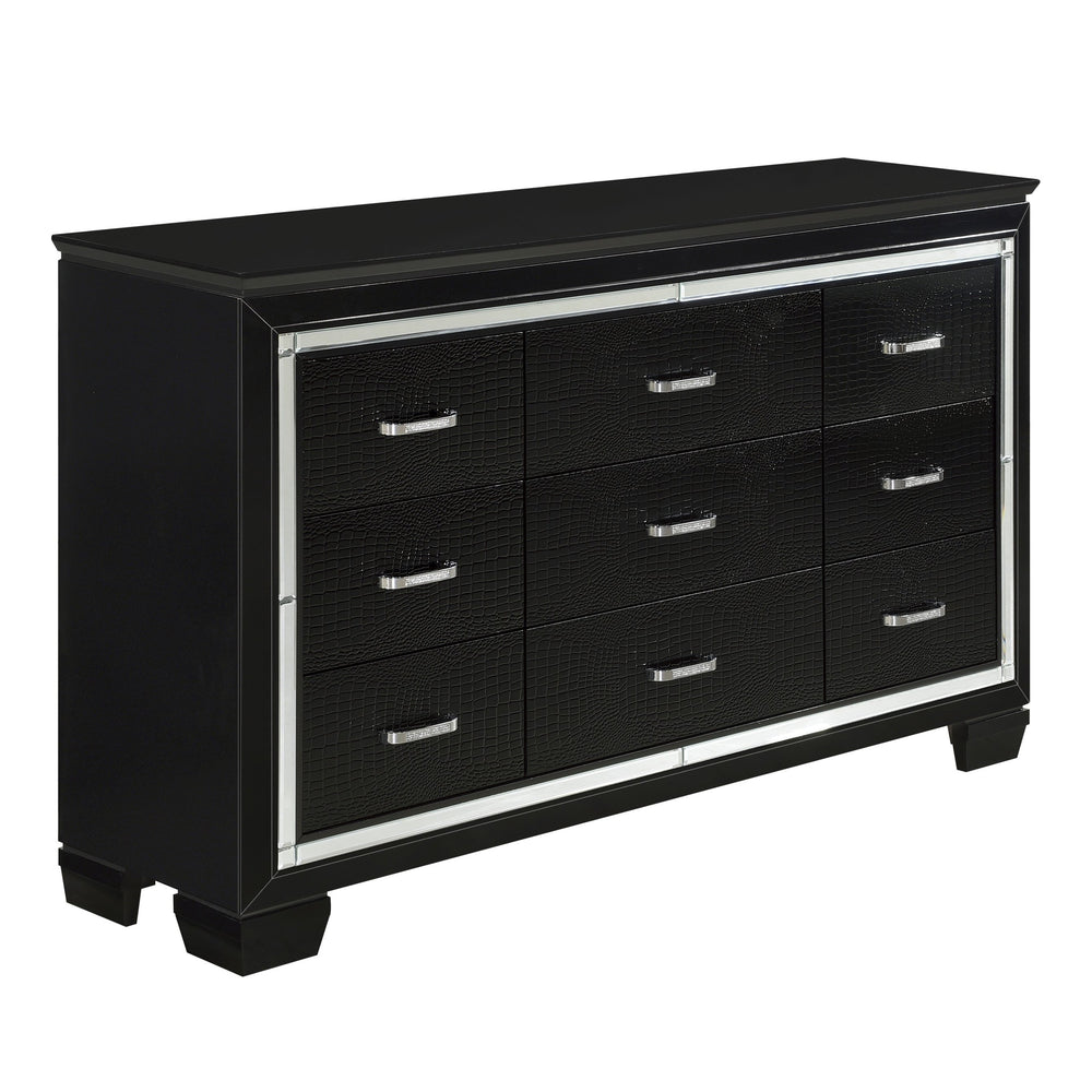 English Elm Black Allura Dresser 9-Drawer Glamorous Faux-Alligator Embossed Fronts Crystal Hardware, 64" wide B011134407