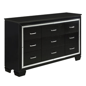 English Elm Black Allura Dresser 9-Drawer Glamorous Faux-Alligator Embossed Fronts Crystal Hardware, 64" wide B011134407
