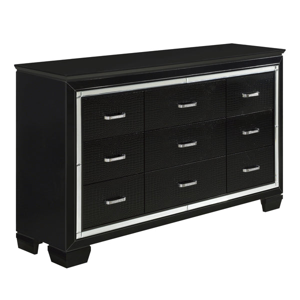 English Elm Black Allura Dresser 9-Drawer Glamorous Faux-Alligator Embossed Fronts Crystal Hardware, 64" wide B011134407