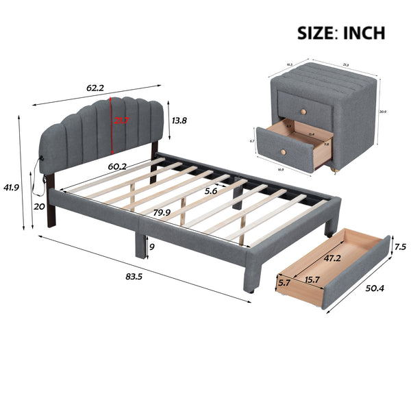 English Elm Teddy Plush Upholstered Queen Platform Bed with LED Remote & USB Ports, Durable Teddy Fleece Design Gray SF000047AAE
