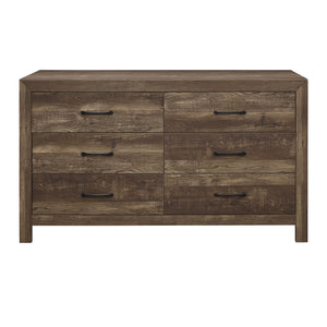 English Elm Rustic Corbin 6-Drawer Dresser 58.5" Rustic Brown Faux-Wood Veneer with Black Metal Handles, Textured B011134415