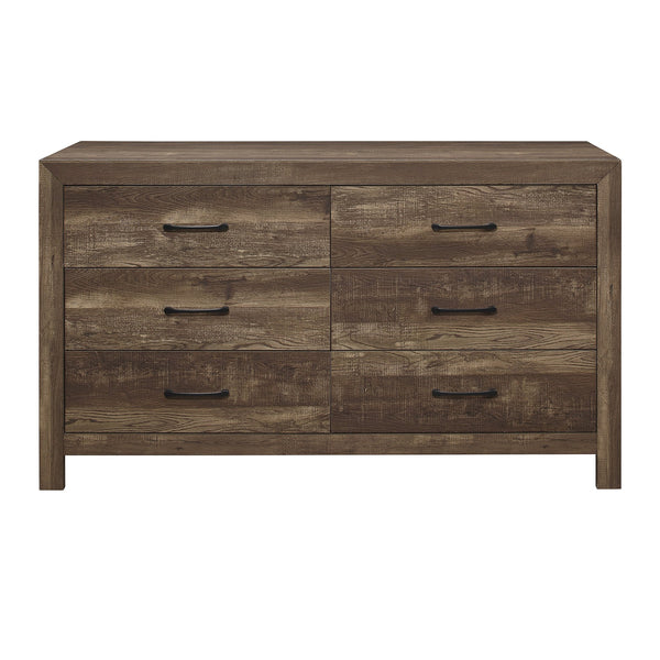 English Elm Rustic Corbin 6-Drawer Dresser 58.5" Rustic Brown Faux-Wood Veneer with Black Metal Handles, Textured B011134415