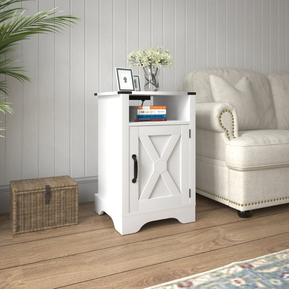 English Elm Farmhouse Rustic Nightstand Set of 2 with Built-in Charging Station and Open Display Shelf White B082134940