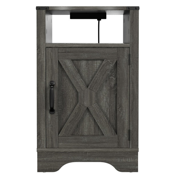 English Elm Farmhouse Rustic Nightstand Set of 2 with Built-in Charging Station and Open Display Shelf Dark Grey B082134936
