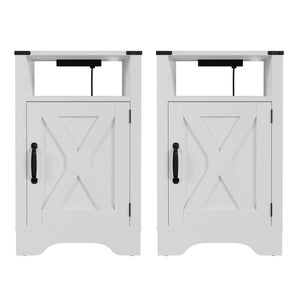 English Elm Farmhouse Rustic Nightstand Set of 2 with Built-in Charging Station and Open Display Shelf White B082134941