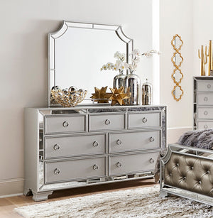 English Elm Glamorous Avondale Silver 7-Drawer Dresser with Beveled Mirrored Trim and Drop Pulls — Modern Luxe Bedroom Furniture B011134404