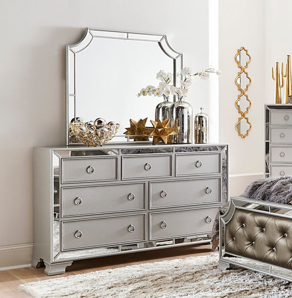 English Elm Glamorous Avondale Silver 7-Drawer Dresser with Beveled Mirrored Trim and Drop Pulls — Modern Luxe Bedroom Furniture B011134404