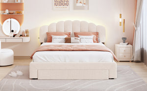 English Elm Teddy Plush Upholstered Queen Platform Bed with LED Remote & USB Ports, Durable Teddy Fleece Design Beige SF000047AAA