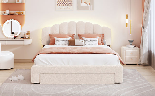English Elm Teddy Plush Upholstered Queen Platform Bed with LED Remote & USB Ports, Durable Teddy Fleece Design Beige SF000047AAA