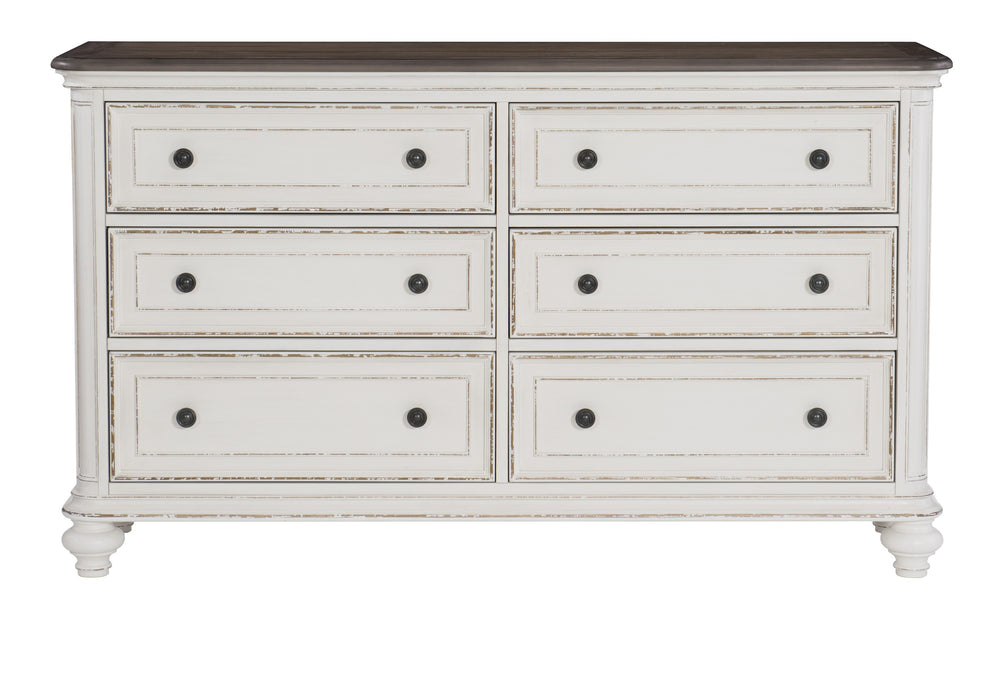 English Elm Antique Baylesford 6-Drawer Dresser in White with Brown-Gray Plank Top and Dark Metal Knobs, 64" B011134413