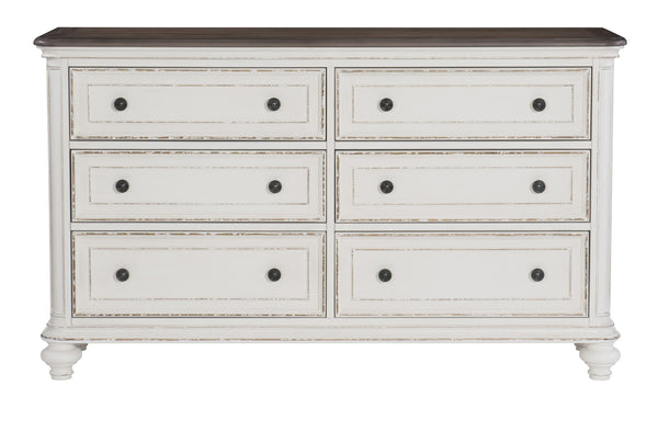 English Elm Antique Baylesford 6-Drawer Dresser in White with Brown-Gray Plank Top and Dark Metal Knobs, 64" B011134413