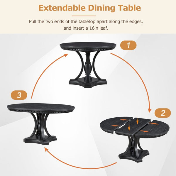 English Elm Trexm Retro Farmhouse Extendable Round Dining Set Oak Veneer Table with 4 Chairs ST000147AAB