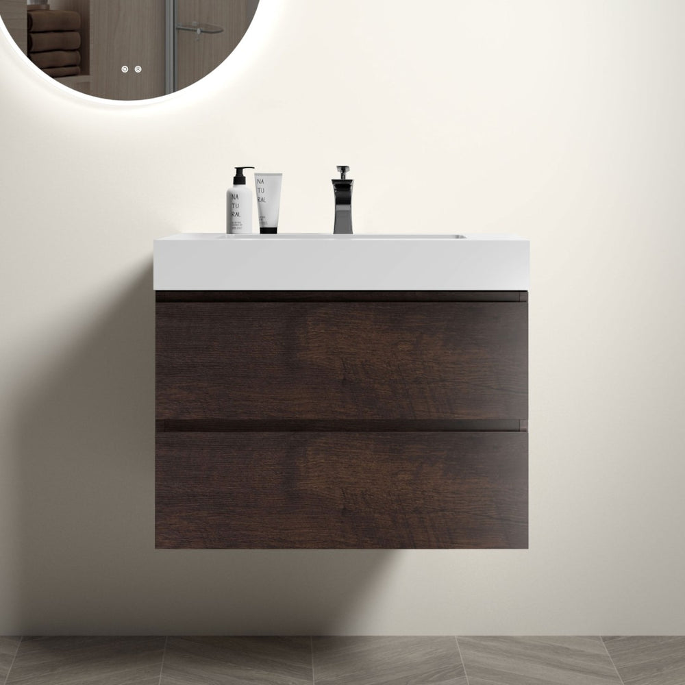English Elm Alice Floating Bathroom Vanity Rosewood Finish Engineered Stone Basin Triple Drawer W1865S00236