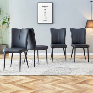 English Elm Modern Minimalist Dining Chairs, Black Pu Leather Curved Backrest and Seat Cushions, Black Metal Chair Legs, Suitable For Restaurants, Bedrooms, and Living Rooms. A Set Of Four Chairs. 008