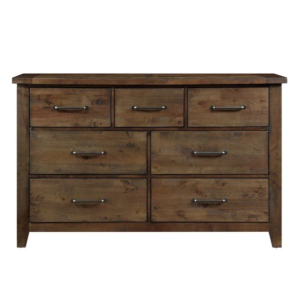 English Elm Classic Burnished Brown Dresser - Solid Rubberwood 7-Drawer Rustic Transitional Bedroom Storage, 62" wide B011134412