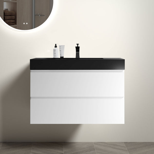 English Elm Alice 36" Modern Wall-Mounted Bathroom Vanity With Black Sink, Large Storage, Pre-Assembled Design W1865S00024