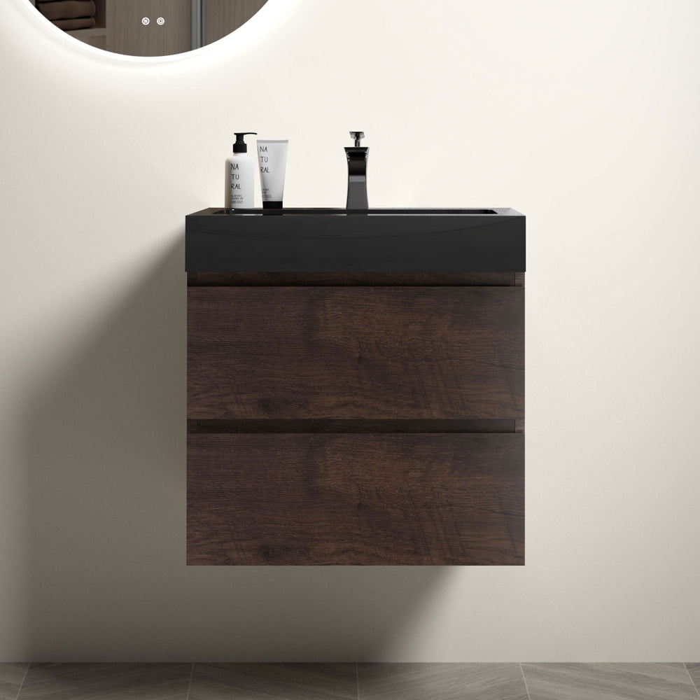 English Elm Alice 24" Walnut Bathroom Vanity - Modern Floating Design With Large Storage & Black Sink Basin W1865S00007