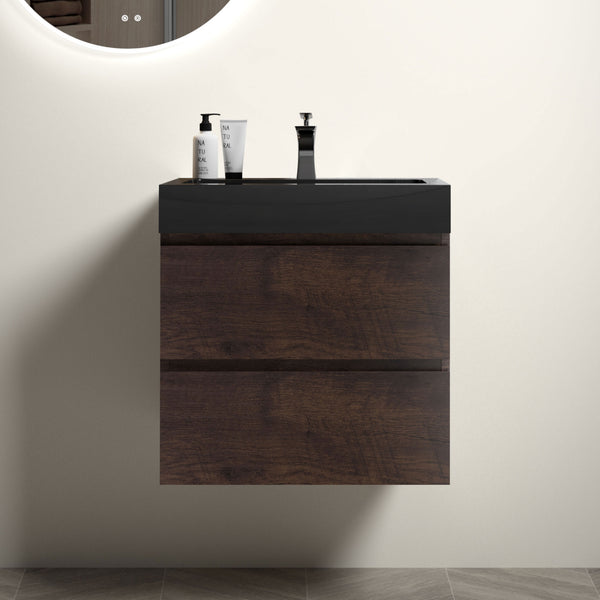 English Elm Alice 24" Walnut Bathroom Vanity - Modern Floating Design With Large Storage & Black Sink Basin W1865S00007
