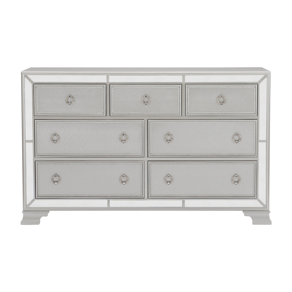 English Elm Glamorous Avondale Silver 7-Drawer Dresser with Beveled Mirrored Trim and Drop Pulls — Modern Luxe Bedroom Furniture B011134404