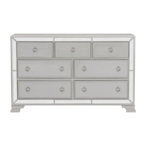 English Elm Glamorous Avondale Silver 7-Drawer Dresser with Beveled Mirrored Trim and Drop Pulls — Modern Luxe Bedroom Furniture B011134404