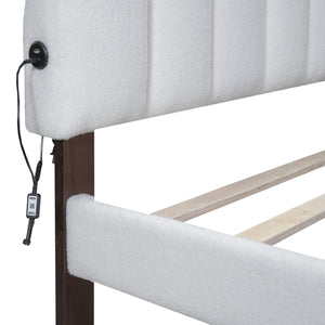 English Elm Teddy Plush Upholstered Queen Platform Bed with LED Remote & USB Ports, Durable Teddy Fleece Design White SF000047AAK