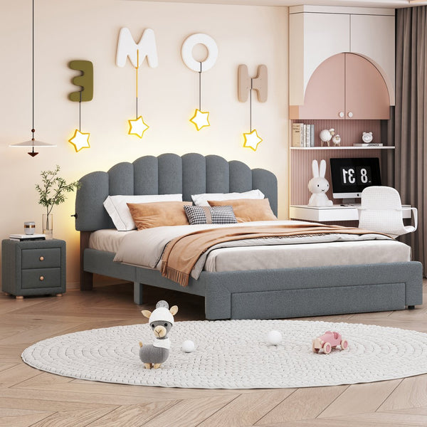 English Elm Teddy Plush Upholstered Queen Platform Bed with LED Remote & USB Ports, Durable Teddy Fleece Design Gray SF000047AAE