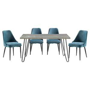English Elm Modern Keene 5pc Dining Set with Oak Veneer Table and Velvet Upholstery on Hairpin Legs, Stylish Compact Design Blue 63.75 L x 39.5 W x 5.5 H B011S00578